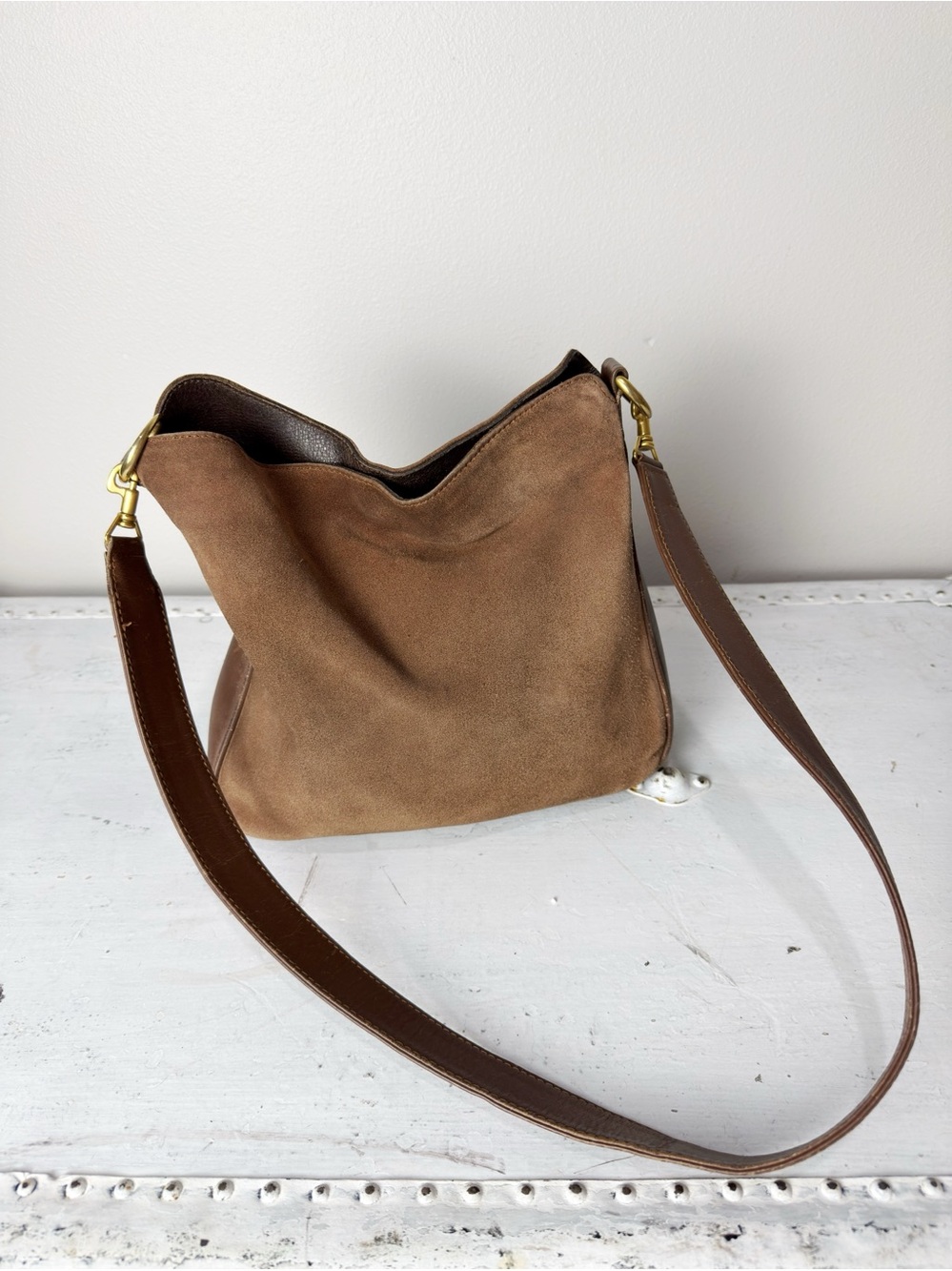 GUCCI Suede 2way Brown Gold Shoulder Bag Vintage Leather - Picture 2 of 15